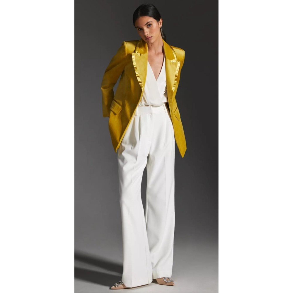 Avec Les Filles Faux‎ Suede Satin Trim Tuxedo Jacket Blazer Gold Holiday Size S - Picture 2 of 9